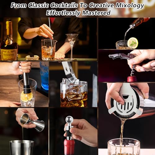 Leseed 12 Pozycji Zestaw do Koktajli, 750 Ml Zestaw do Koktajli ze Stali Nierdzewnej z Drewnianym Stojakiem i Książką Kucharską do Koktajli, Zestaw do Mieszania Koktajli, Prezent dla Mężczyzn, Kobiet