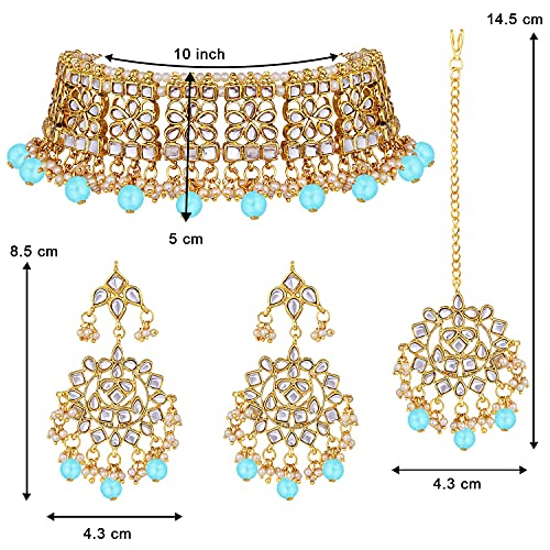 Image of Aheli Elegant Indian Faux Kundan Studded Choker Necklace with Maang Tikka Set Ethnic Wedding Wear Bharatanatyam jewellery set Gift for Women