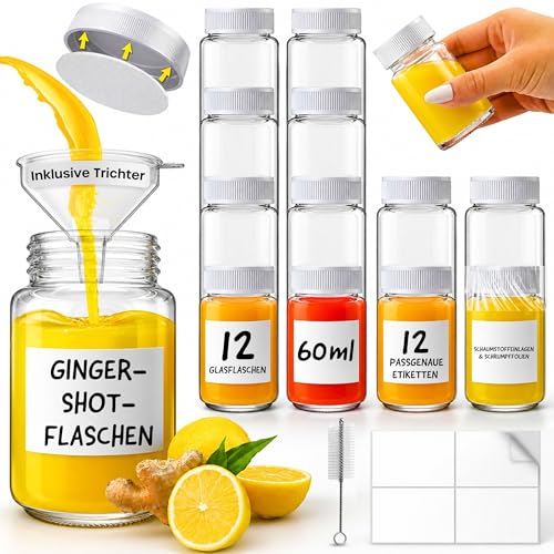 volila 12pcs 2oz/60ml Ingwer Shot Flasche - Shot Flaschen zum Befüllen mit Etiketten und Edelstahl-Trichtern Flaschen zum Befüllen für Saft Lngwer Wellness Shot Probe (Weißer Deckel)