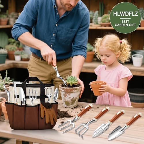 HLWDFLZ Garden Tool Set, 12 Pcs Heavy Duty Floral Gardening Tools Kit with Gardening Hand Weeder Tools, Durable Storage Bag and Gloves, Gifts for Women and Men Brown - Thumbnail 7