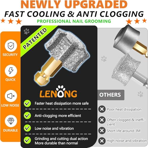 Image of LENONG Fast Cooling Dog Nail Grinder Head with 7-Grooves, Anti-Clogging Diamond Pet Nail Grinder Replacement Bit with Steel Brush for Casfuy and Most Brands (1pcs 80#)
