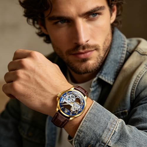 Image of OLEVS Skeleton Watches for Men Automatic Self Winding Mechanical Luxury Dress Leather Waterproof Luminous Men Wrist Watch
