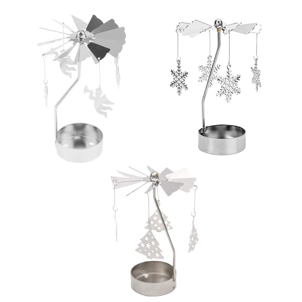 Christmas Rotary Candle Holder Spinning Candleholder: 3Pcs Rotating Tealight Candle Holder Snowflake Tree Angel Carousel Candlestick Stand for Birthday Wedding Holiday Party Decor