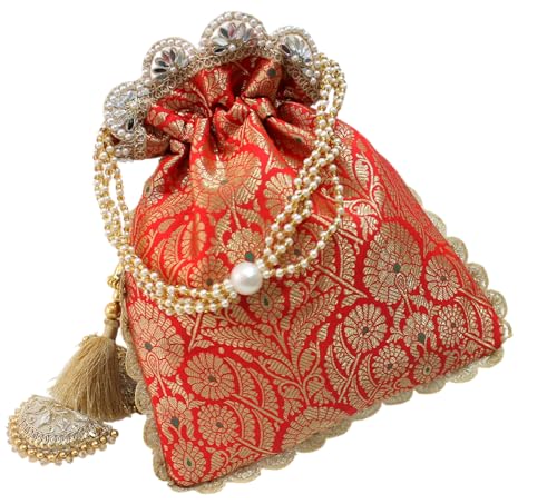 Image of MILAN'S CREATION Pure Banarasi Potli Silk Brocade Bag Purse Drawstring Women's handbag with Pearl Handle & Tassel Weddings