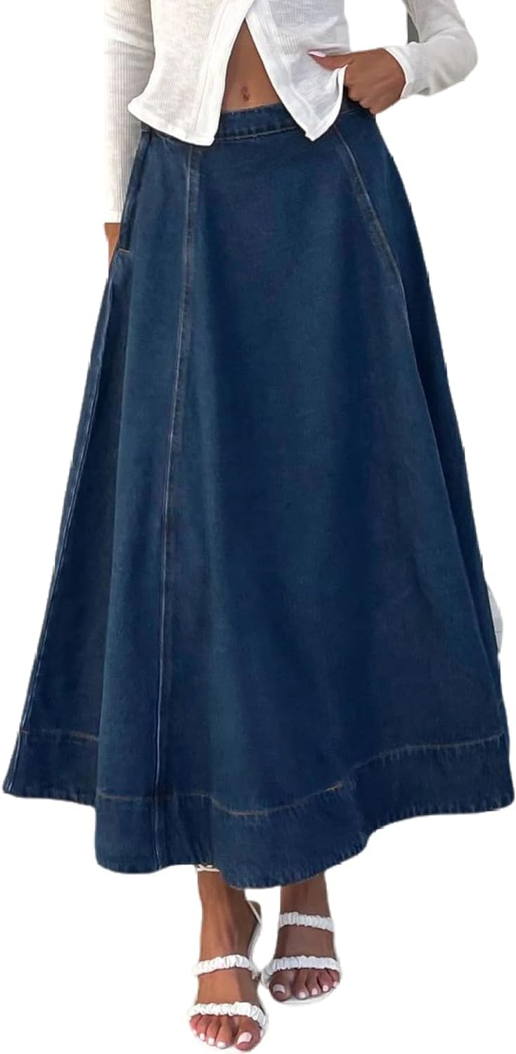 yoeasy Womens Casual Flowy Swing Denim Skirt Vintage High Waisted A-Line Midi Long Jean Skirts