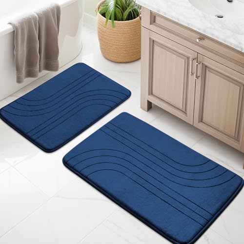 YIHOUSE Navy Blue Bathroom Rug Set 2 Pieces, Soft Non Slip Bathroom Mat Sets 3 Piece, Extra Thick Memory Foam Bath Mats for Bath Room, Machine Washable Bath Rug Set for Tub, Toilet and Floor