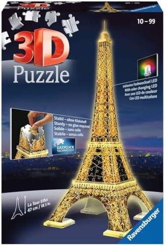 Ravensburger 3D Puzzles Eiffel Tower Night Edition, Multi Color (216 Pieces)-12 99 Month for Kids