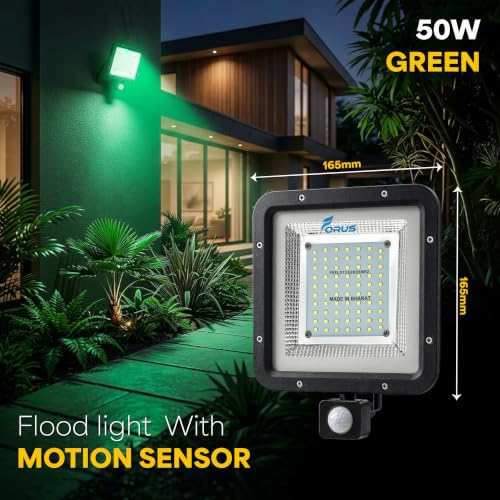 Image of Forus 50W LED Flood Light Green with Motion Sensor Auto On Off Day Night Mode Waterproof Outdoor Security Light for Garden Parking Garage Factory Backyard Shop High Bright Floodlight 4Yr Warranty-1Pc
