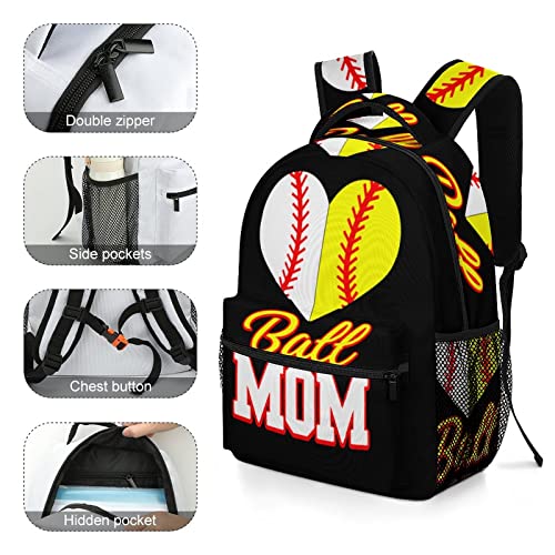 Funny Ball Mom Softball Baseball Laptop Backpack Shoulder Bag Daypack With Adjustable Strap For Casual School Travel #TOP2