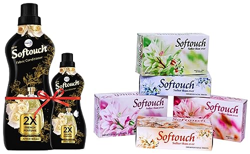 Image of Softouch 2 Ply Face Tissue-100 Pulls Each Box (200 Sheets) Pack of 5-500-1000 & Softouch 2X French Perfume Fabric Conditioner - 800ml + 200ml