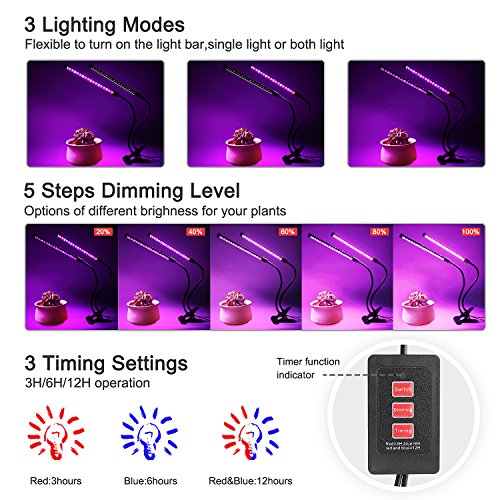 Grow Light, Ankace 3 Head Timing, 5 Dimmable Levels Plant Grow Lights for Indoor Plants with Red Blue Spectrum, Adjustable Gooseneck, 3 6 12H Timer, 3 Switch Modes