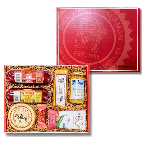 Dan the Sausageman\'s Heritage Gift Basket, including- Smoked Summer Sausages, Specialty Mustards, Gouda Cheese, Cheddar Cheese, Flavor Infused Almonds, and Almond Roca Candy.