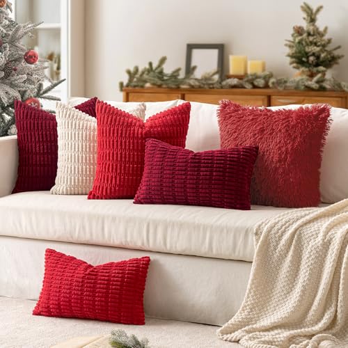 Image of MIULEE Christmas Pack of 2 Luxury Faux Fur Throw Pillow Cover Deluxe Winter Decorative Plush Pillow Case Cushion Cover Shell for Sofa Bedroom Car 18x18 Inch Red