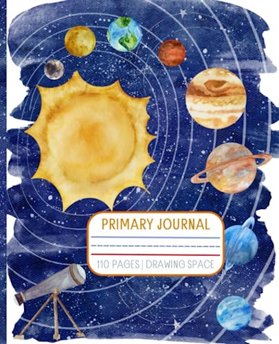Primary Composition Journal | Watercolor Artwork: Space | Grades K-2 | Story Journal | Dotted Midline | Picture Space | Black & White Edition: 7.5” x 9.25” Size | 110 Pages