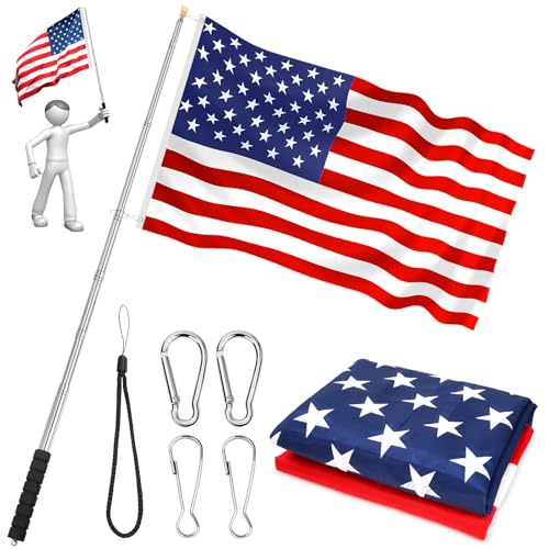 Telescopic Portable Handheld Flag Pole and 3x5 American US Flag & 4 Clips 8.2Ft/2.5M Extendable Hand Carry Flagpole Retractable Stainless Steel Travel Tour Guide Flag Pole Fit for 3x5 4x6 Flags