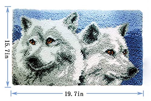 Image of clubevy Latch Hook Kits DIY Cushion Cross Stitch Kits Embroidery for Adults Beginner DIY Needlework Rectangle Floor Desk Mat Home Decoration, Wolf