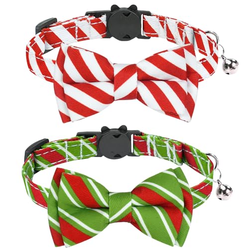 Malier 2 Pack Christmas Cat Collars Breakaway with Bow Tie and Bell, Classic Buffalo Plaid with Snowflake Pattern Kitten Collar with Bow Tie Collar for Cats Kitten Stocking (Red Stripe & Green Stripe)