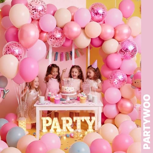 Image of PartyWoo Pink and Gold Balloons 65pcs 12 Inch Metallic Gold Pearl Matte Hot Light Pastel Pink Confetti Balloons for Gender Reveal Baby Shower Bridal Shower Princess Birthday Party Decorations