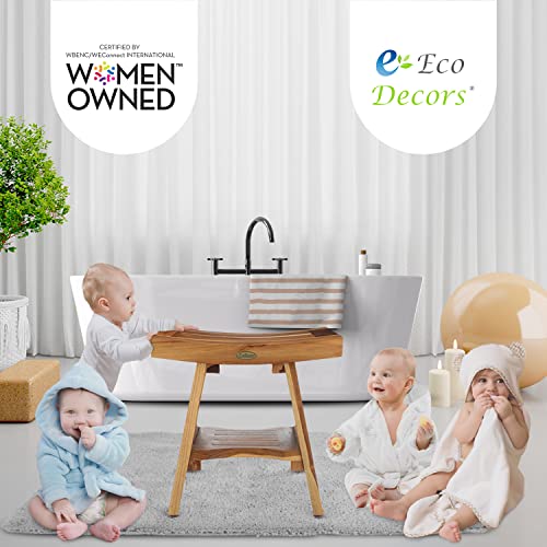 Ecodecors Serenity Shower Stool Natural Teak Wood Shower Bench With Curved Seat And Shelf, 2-Tier Wooden Shower Seat Spa Stool In Earthy Teak Finish - 18 Inches #TOP7