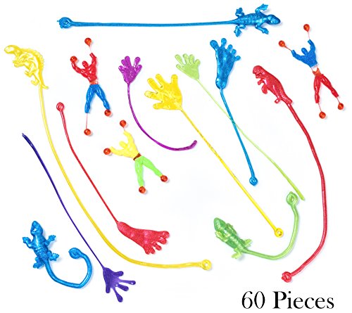 Neliblu Bulk Toys - Party Favors - 60 Pc Wacky Fun Stretchy Sticky Fingers Toy Assortment Includes; Large Glitter Sticky Hands, 12 Sticky Feet, Wall Climbing Men, & Sticky Lizards, Stocking Stuffers