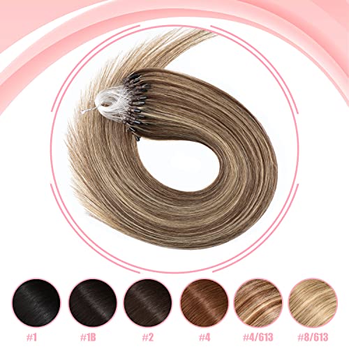 Senmy Micro Beads Human Hair Extensions 16Inch Micro Loop Hair Extensions Medium Brown With Blonde Micro Hair Extensions Remy Human Hair 0.5G/Strands 50G/Pack Micro Human Hair Extensions For Women #TOP5