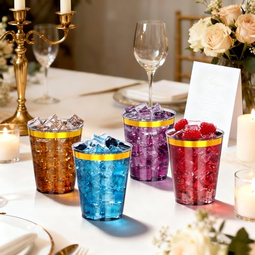 Image of 100 Pcs Gold Black Plastic Cups,10Oz Gold Rimmed Plastic Cups,Heavy Duty Gold Rim Clear Disposable Plasitc Cocktail Tumblers Wine Cup for Party,Wedding,Birthday,Christmas
