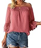 Bequemer Laden Damen Sommer Casual Bluse Elegant Oberteile Schulterfrei 3/4 Trompetenärmel Swiss Dot Spitze Tunika Tshirt Top,Orange,XL