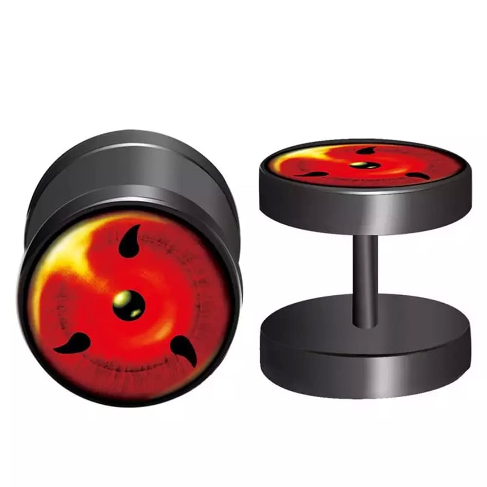 CHICNET Fake Plug Piercing Ohrstecker Ohrring Edelstahl schwarz rot, Schraubverschluss, 10mm rund, Stift 6mm x 1.2mm, Sharingan Auge Naruto Anime Manga Cosplay Damen Herren
