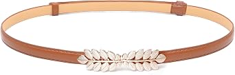 Women Skinny Waist Belt Ladies Fashion PU Leather Thin Belt with Leaf Buckle for Dresses