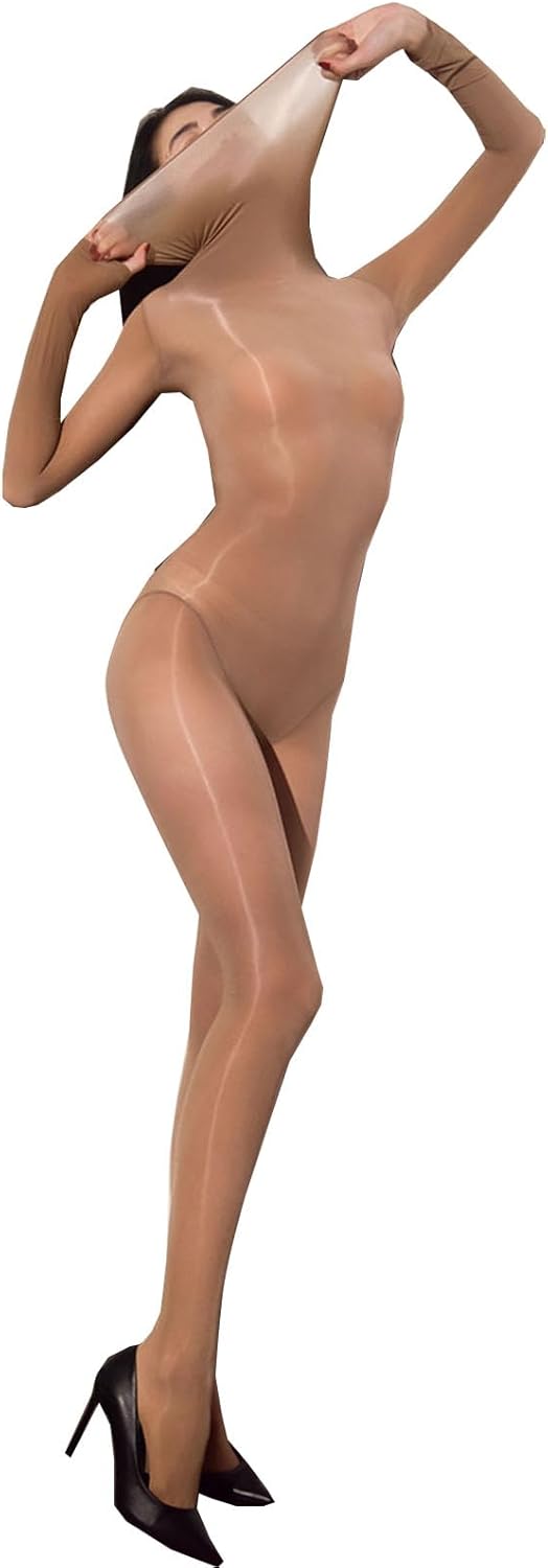 LESOYA Women's Nylon Sheer 8D Oil Shiny Bodystocking High Collar Long Sleeve Bodysuit Glossy Seamless Catsuit