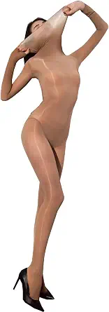 LESOYA Women's Nylon Sheer 8D Oil Shiny Bodystocking High Collar Long Sleeve Bodysuit