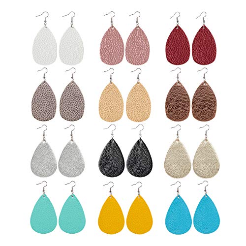 12 Pairs Faux Leather Earrings Teardrop Petal Drop Earrings Long Dangle Earrings Lightweight Leaf Handmade Earrings with Clear Silicone Backings for Women
