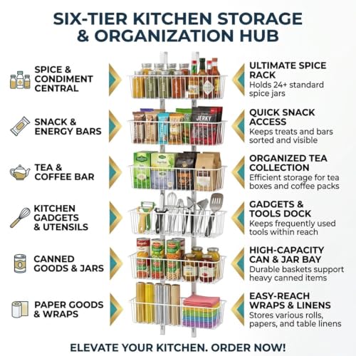 Upesitom 6 Tier Over the Door Pantry Organizer, Foldable Metal Over the Door Hanging Spice Rack with 6 Baskets, Adjustable No Drill Hanging Storage Rack for Kitchen, Bedroom, Laundry, Bathroom, White by Upesitom - Used condition - Image 3