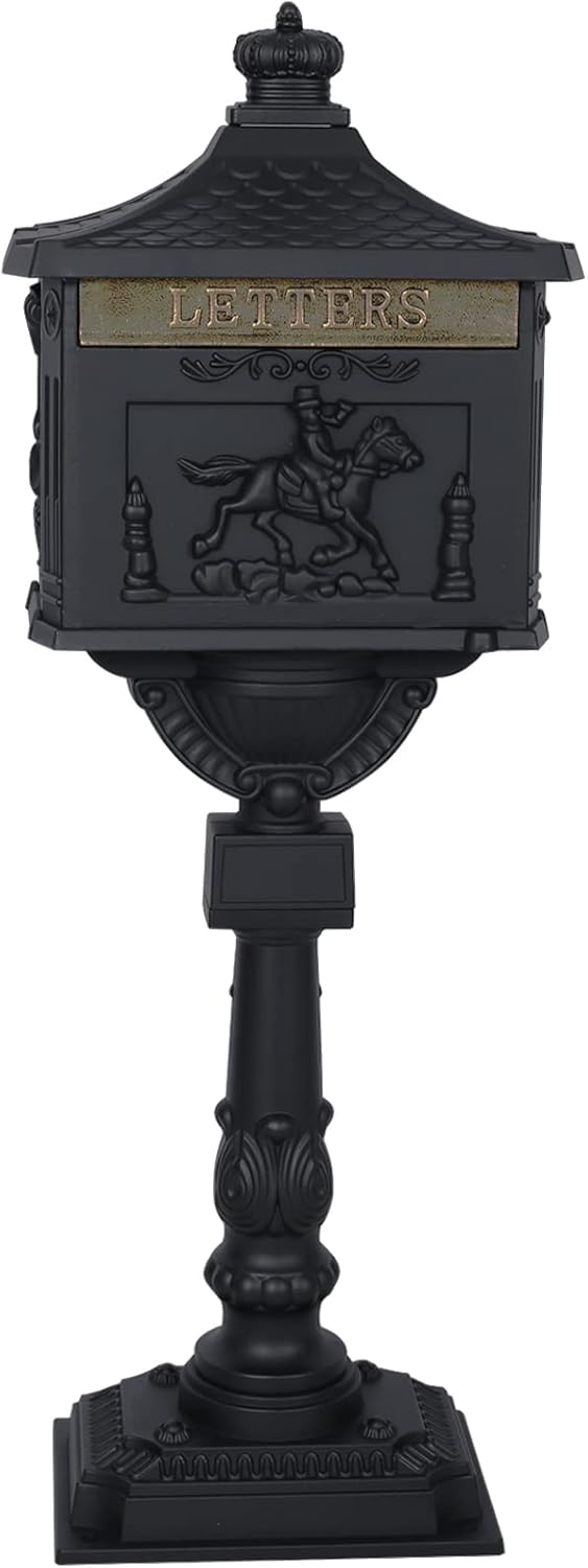 Cast Aluminum Mail Box,Postal Box, Mailbox for Outside, Mailbox Cast Aluminum, Heavy Duty Postal Mail Box w/ 2 Keys, Easy to Install for Outside House Post Mount (Black)
