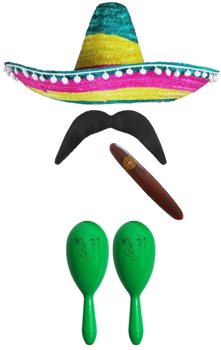 Adults Mexican Accessory Set - Multicoloured Sombrero, Green Maracas, Fake Cigar, Moustache - Cinco de Mayo Sensorita Bandit Mariachi Fancy Dress Costume Accessory Set