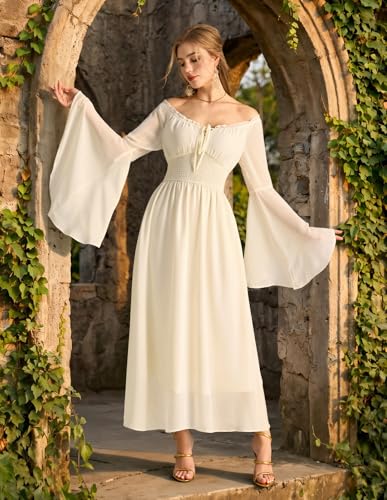 Scarlet Darkness Renaissance Dress Women Peasant Medieval Costume Off Shoulder Maxi Dresses with Pockets Oyster White XL — view 2