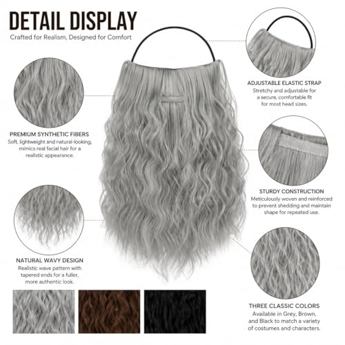 Polyugs Men Long Curly Wizard Beard with Elastic Band Novelty Costume Facial Hair Cosplay Party Mustache Grey — view 3