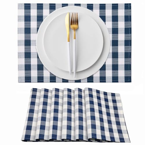 AHHFSMEI Placemats Set of 6 Woven Vinyl Plastic 18.1x13 inches Place Mats Non-Slip Heat Resistant Washable Easy Clean Hem Seam Table Mats (Blue and White)