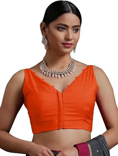 Fashnkart Indian Bollywood Cotton Saree Blouses for Women Readymade Plain Choli Solid Top Sleeveless Orange
