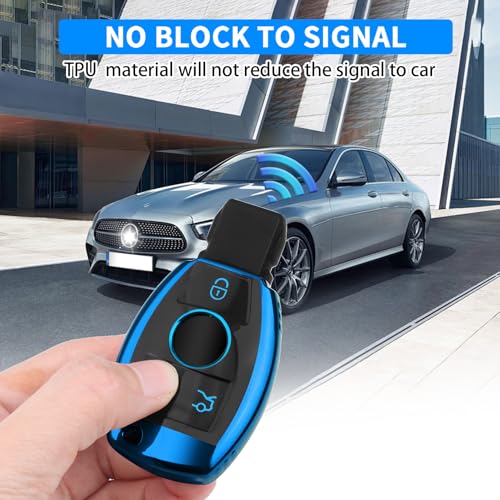 Image of QBUC for Mercedes Benz Key Fob Cover(Blue) | Key Fob Case for Mercedes Benz C E M S CLS CLK GLK GLC G Class, TPU Full Protection Key Fob Smart Key Fob Case