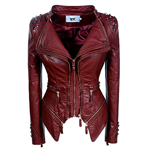 SX Women's Fashion Studded Perfectly Shaping Faux Leather Biker
