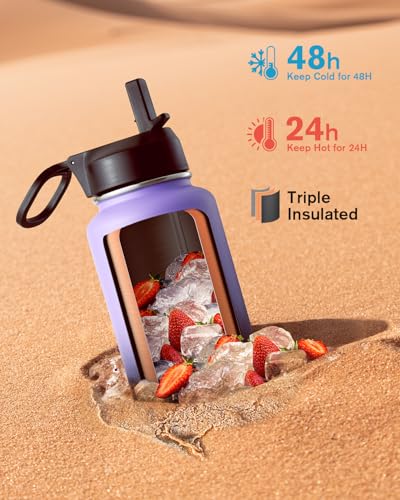 Image of Coolflask 40 oz Water Bottle Insulated with Straw & 3 Leakproof Lids