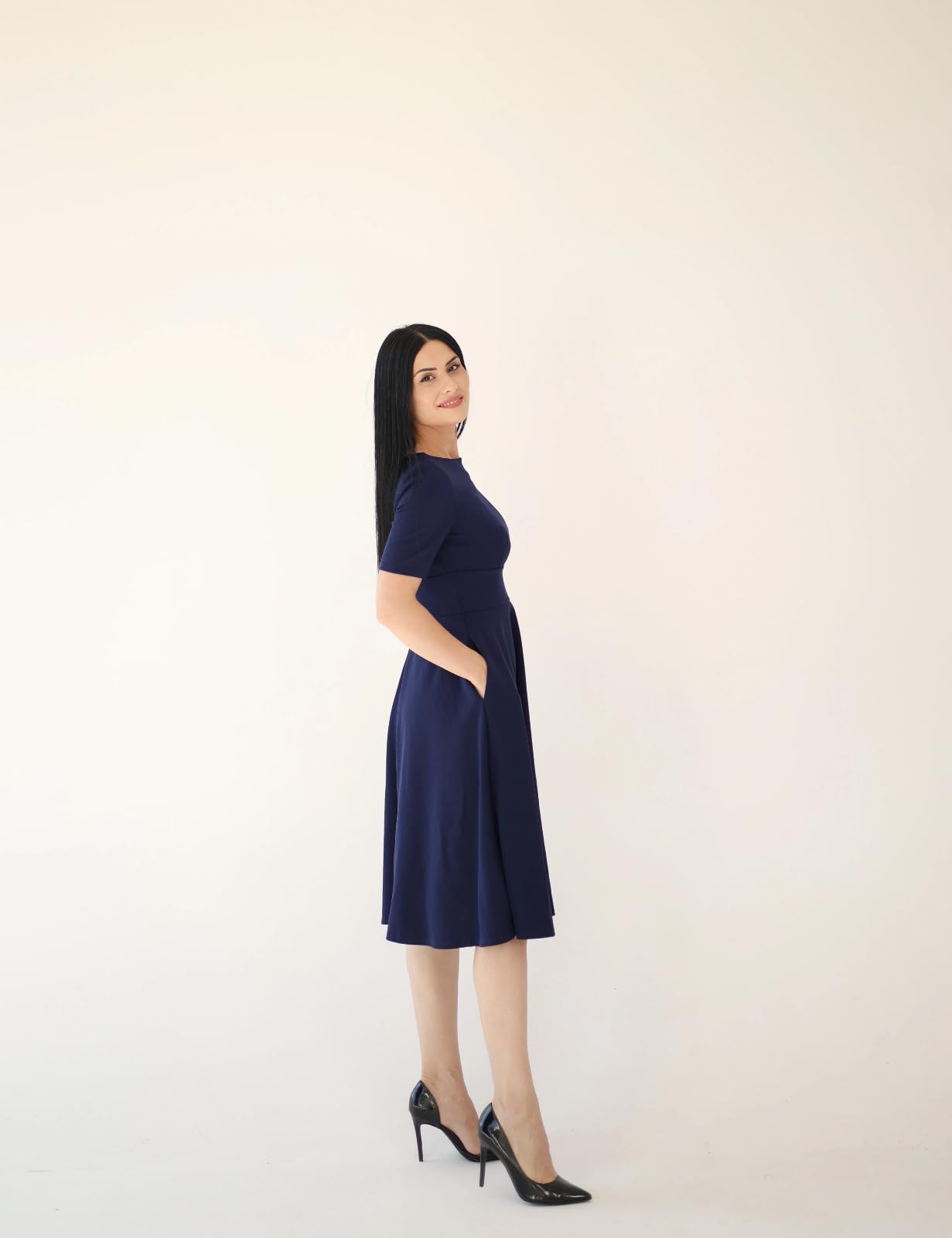 Belle Poque Elegante Kleider Damen A-Linie Sommerkleid Midi | Midikleid Damen mit V-Ausschnitt am Rücken, Seitentaschen in der Naht, weicher hautfreundlicher Stoff, mittlere Elastizität