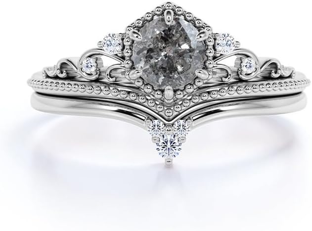 Aihpos Natural Salt and Pepper Diamond Ring Set for Women - 1.0 CT Round Cut Herkimer Diamonds Bridal Rings Set Grey Diamond Engagement Ring Sets 10K 14K 18K Gold Handmade Promise Ring (925)