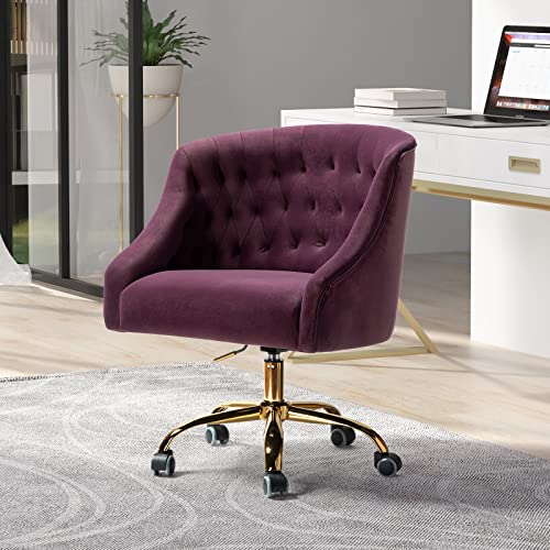Velvet Home Office Chair With Gold Base, Comfortable Modern Cute Desk Chair, Adjustable Swivel Task Chair For Living Room Bedroom Vanity Study, Purple #TOP30