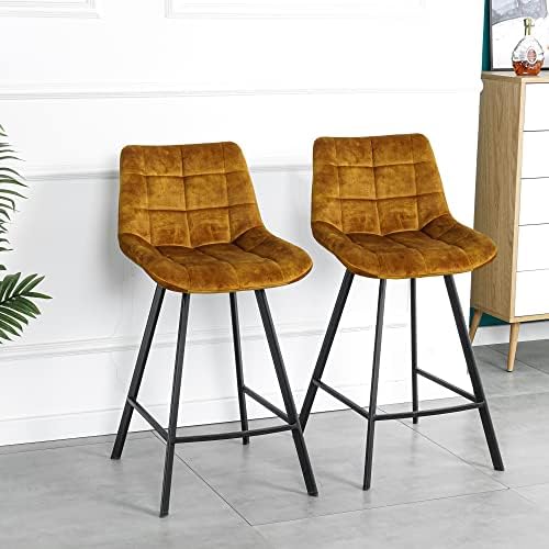 Ucloveria Bar Stools Set of 2, 27" Counter Height Bar Chairs with Back Tall Barstools Velvet Stools, Modern Leisure Bar Chair for Restaurant Dining Room, Dark Yellow, 15.75" X 19.29" X 37.6"