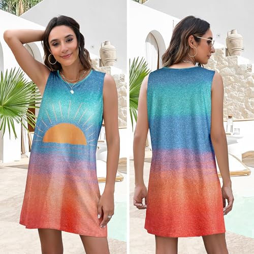 Image of MYHALF Summer Tank Dress for Women Sleeveless Beach Vacation Sundress Short Coconut Tree Sun Dress Casual Coverup
