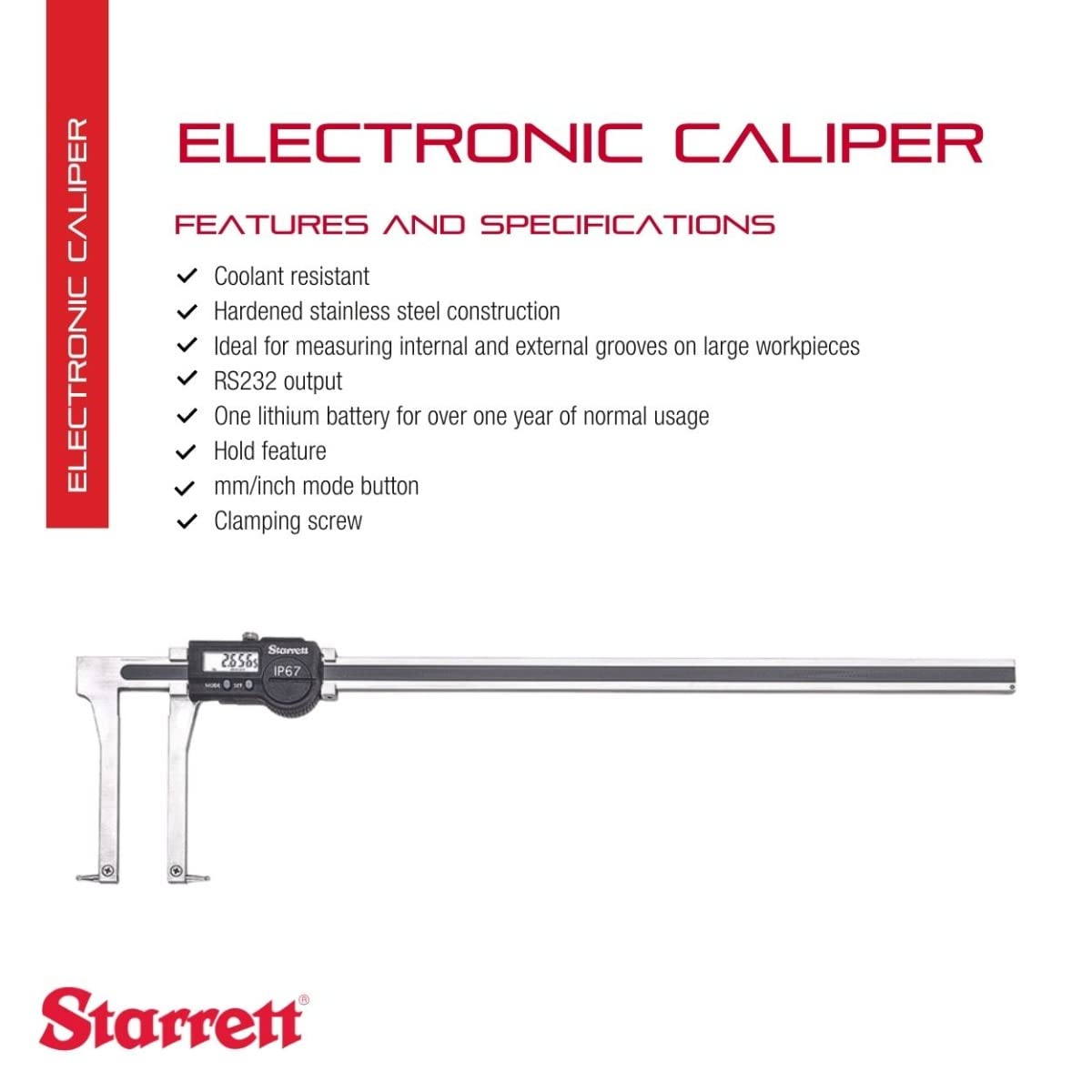 Starrett Electronic Groove Caliper with Hardened Stainless Steel Construction and Clamping Screw - Coolant Resistant, 0-14" Range, .0005" Resolution - 5006BZ-14/350