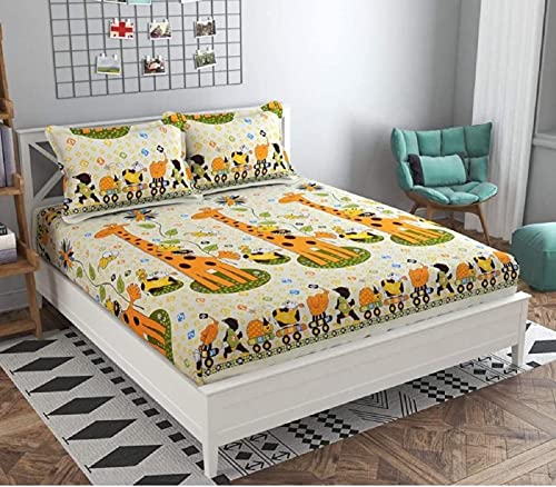 Image of Glace Cotton Printed King Size Double Bed Elastic Fitted Bedsheet with 2 Pillow Cover (Ziraaf Print)