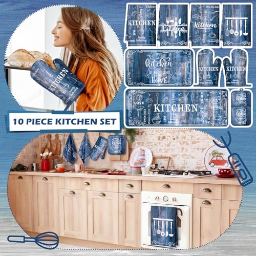 Fourluoo 10 Pcs Kitchen Towel Pot Holder Oven Mitt Rug Set, Blue Farm by Fourluoo - Used condition - Image 2